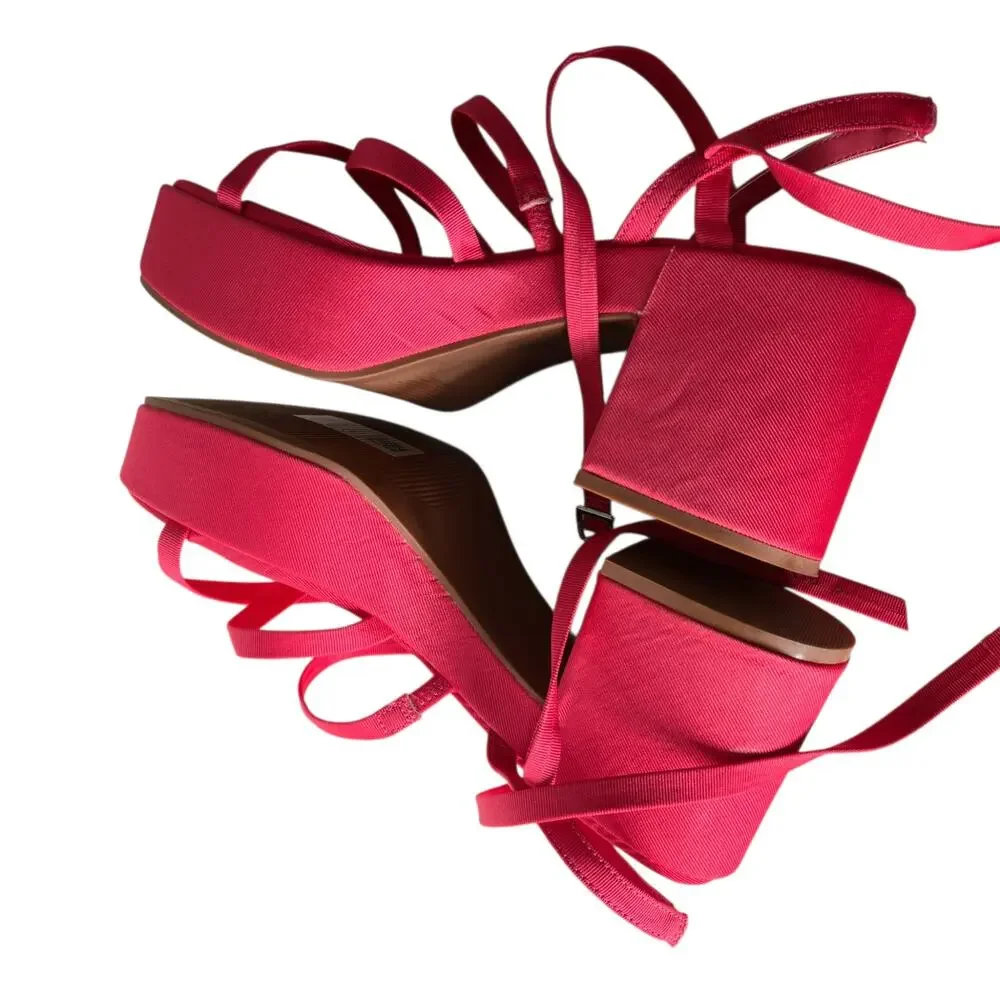 ASOS Design Hoxton Chunky Mid Platform Sandals Pink Fuchsia Grosgrain Ribbon 8